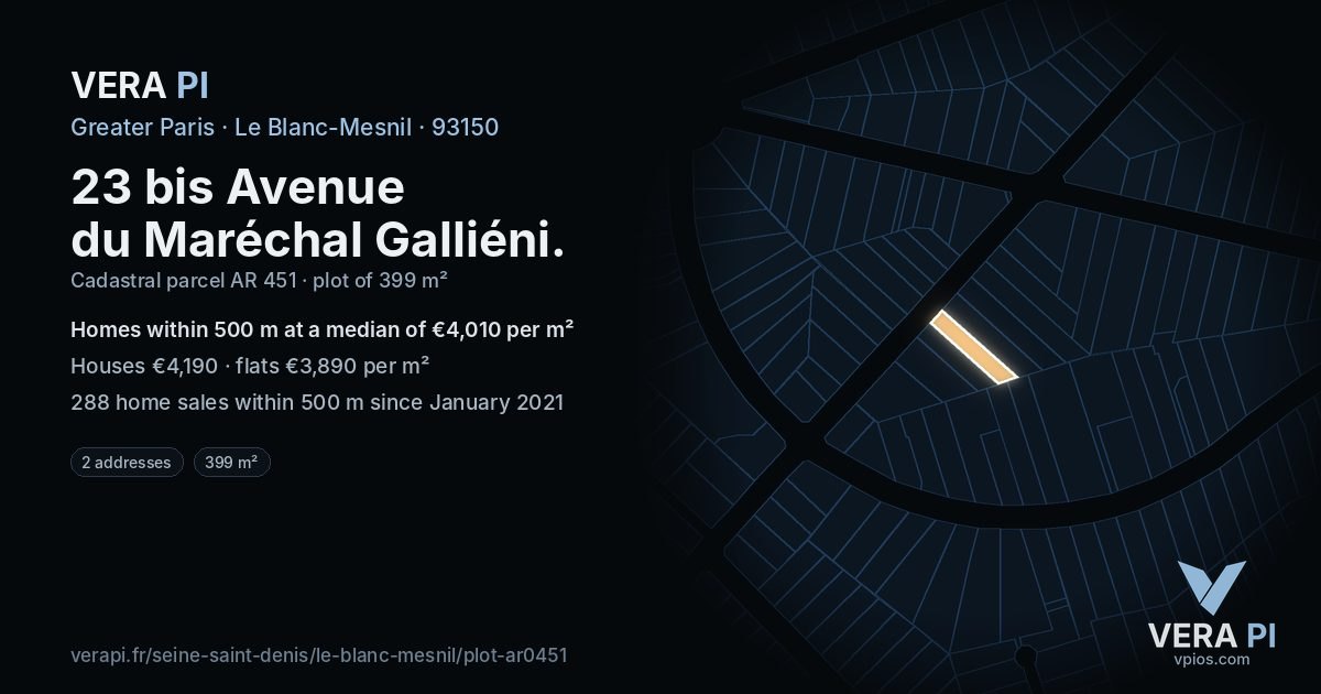 23 bis Avenue du Maréchal Galliéni, Le Blanc-Mesnil at night – the plot lit, the parcels around coloured by the prices near them