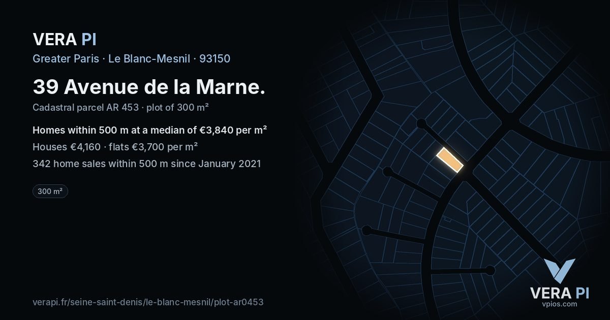 39 Avenue de la Marne, Le Blanc-Mesnil at night – the plot lit, the parcels around coloured by the prices near them