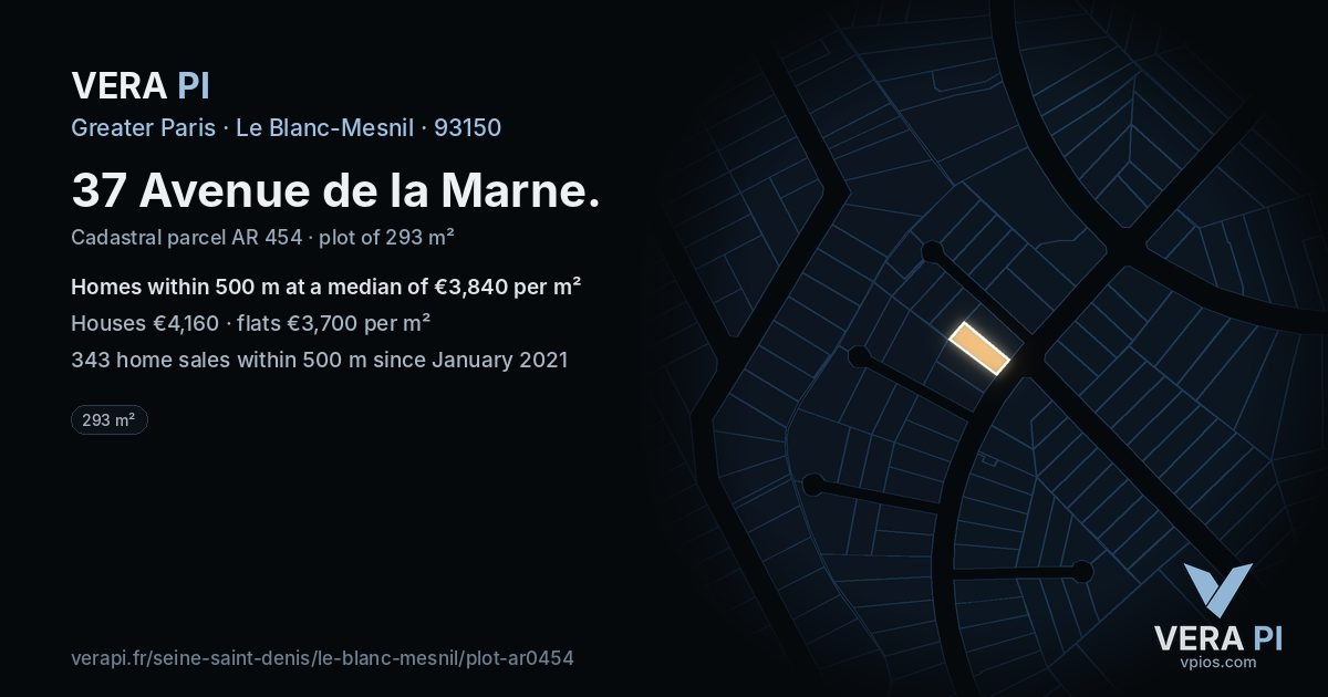 37 Avenue de la Marne, Le Blanc-Mesnil at night – the plot lit, the parcels around coloured by the prices near them