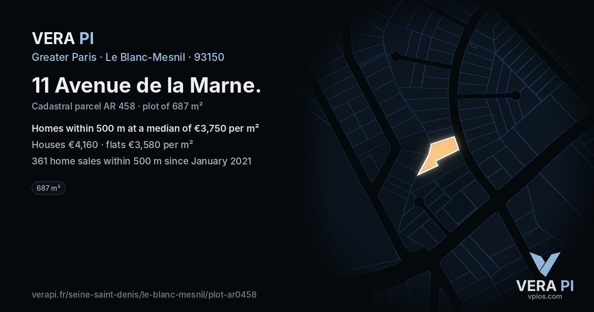 11 Avenue de la Marne, Le Blanc-Mesnil at night – the plot lit, the parcels around coloured by the prices near them