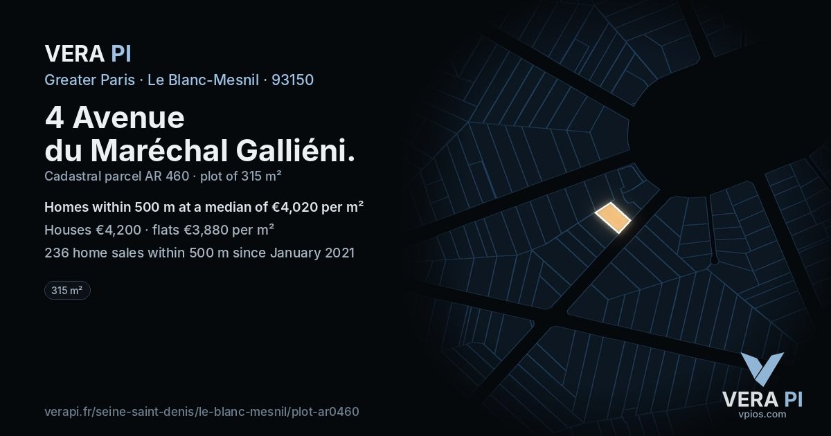 4 Avenue du Maréchal Galliéni, Le Blanc-Mesnil at night – the plot lit, the parcels around coloured by the prices near them
