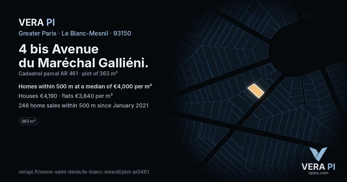 4 bis Avenue du Maréchal Galliéni, Le Blanc-Mesnil at night – the plot lit, the parcels around coloured by the prices near them