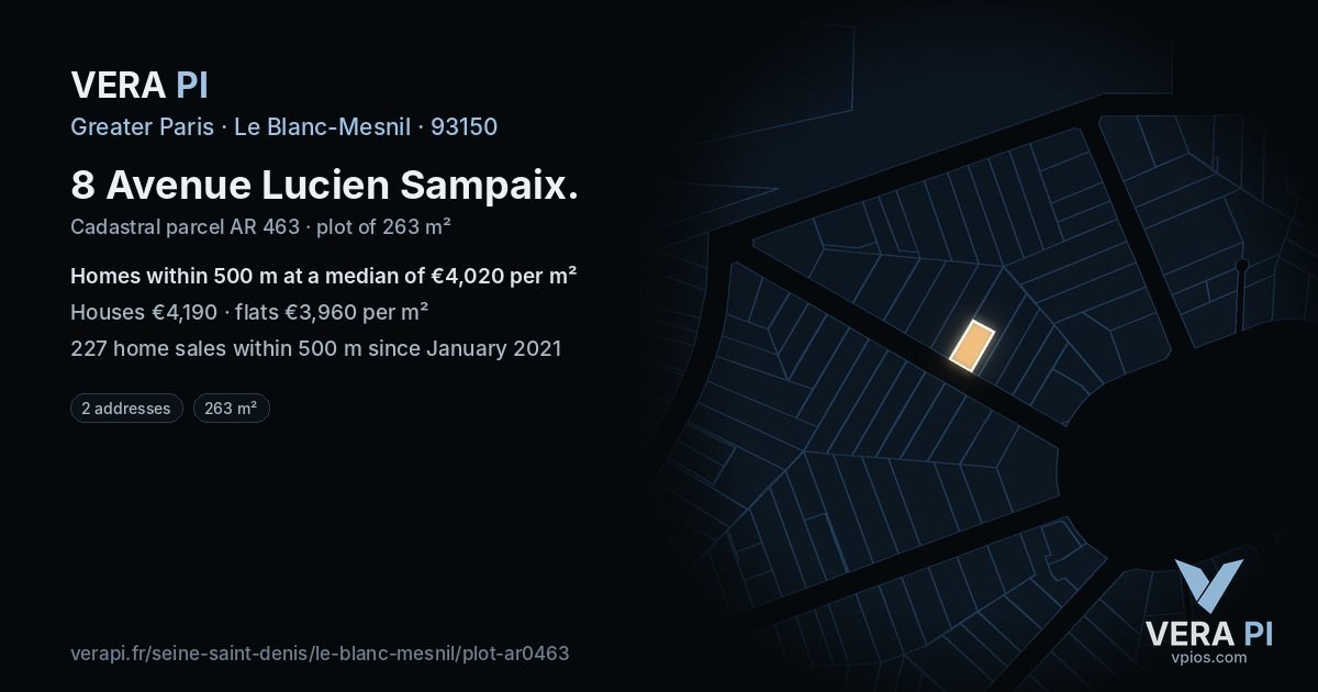 8 Avenue Lucien Sampaix, Le Blanc-Mesnil at night – the plot lit, the parcels around coloured by the prices near them
