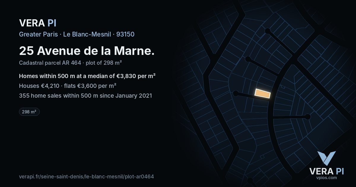 25 Avenue de la Marne, Le Blanc-Mesnil at night – the plot lit, the parcels around coloured by the prices near them
