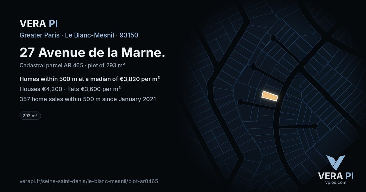 27 Avenue de la Marne, Le Blanc-Mesnil at night – the plot lit, the parcels around coloured by the prices near them