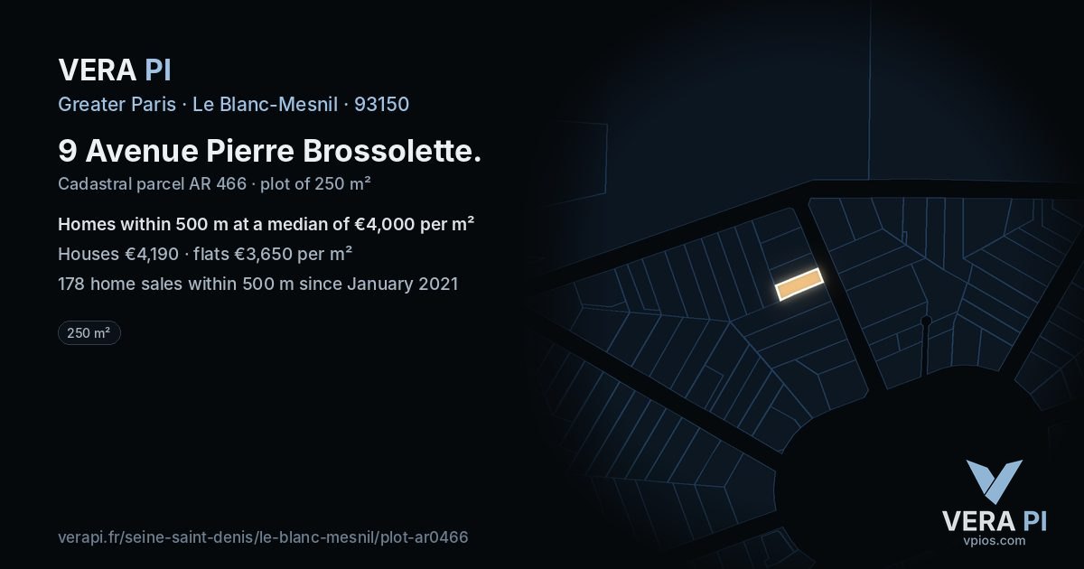 9 Avenue Pierre Brossolette, Le Blanc-Mesnil at night – the plot lit, the parcels around coloured by the prices near them