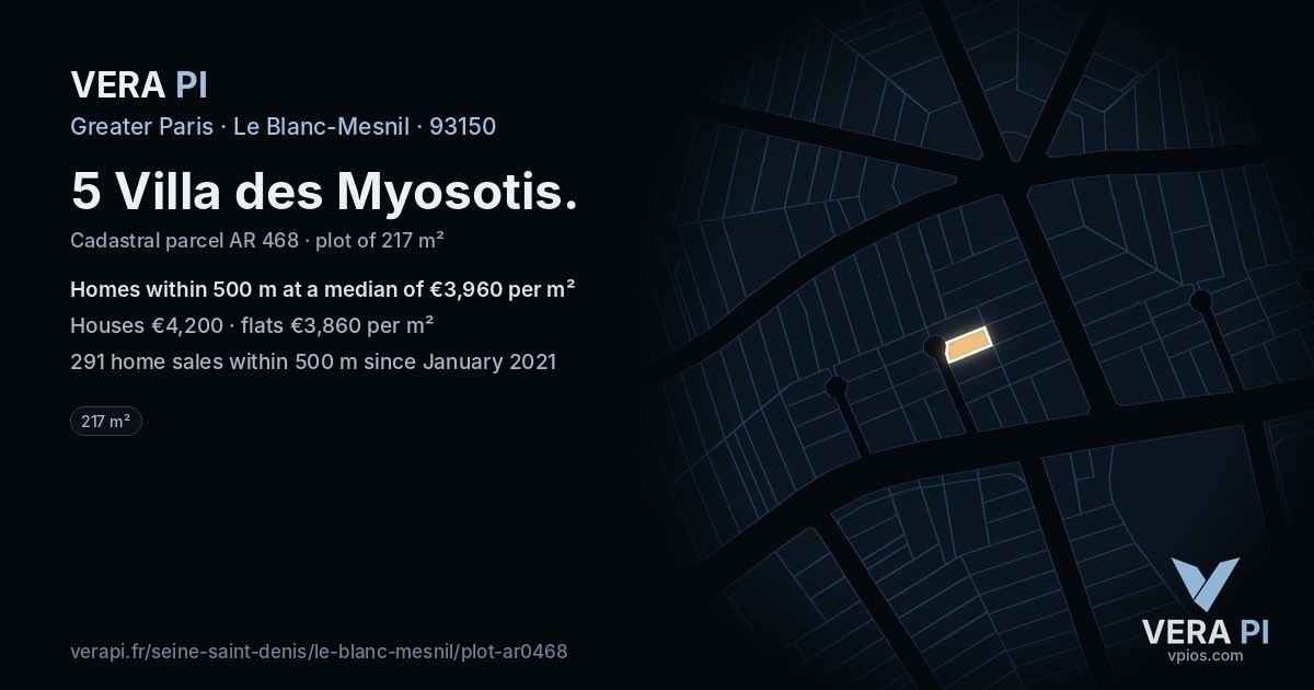 5 Villa des Myosotis, Le Blanc-Mesnil at night – the plot lit, the parcels around coloured by the prices near them