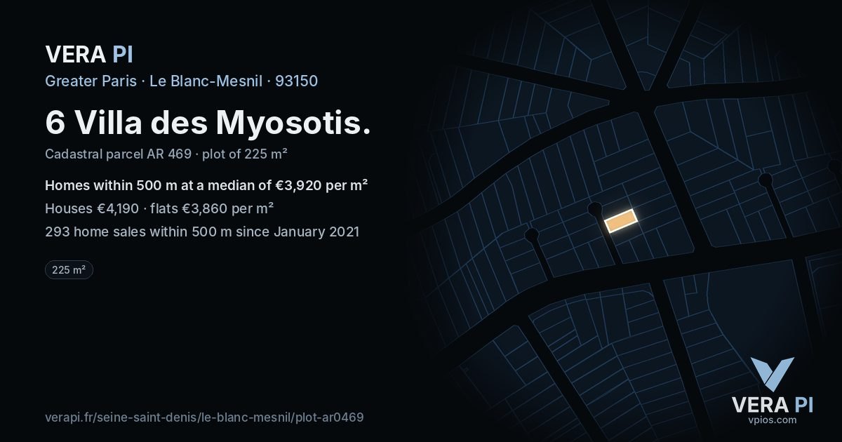 6 Villa des Myosotis, Le Blanc-Mesnil at night – the plot lit, the parcels around coloured by the prices near them