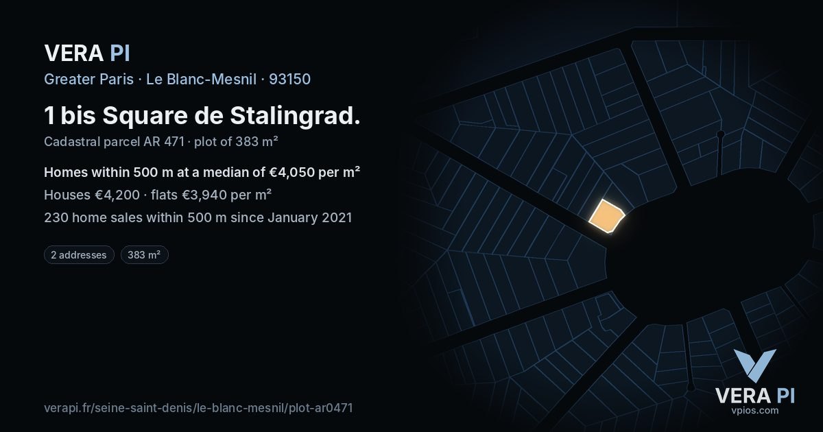 1 bis Square de Stalingrad, Le Blanc-Mesnil at night – the plot lit, the parcels around coloured by the prices near them