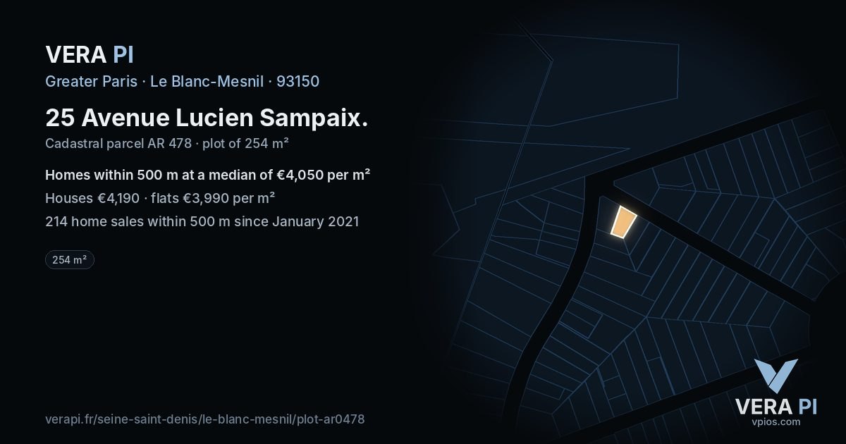 25 Avenue Lucien Sampaix, Le Blanc-Mesnil at night – the plot lit, the parcels around coloured by the prices near them