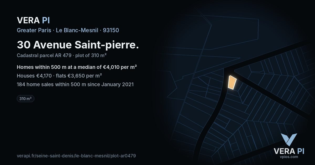 30 Avenue Saint-pierre, Le Blanc-Mesnil at night – the plot lit, the parcels around coloured by the prices near them