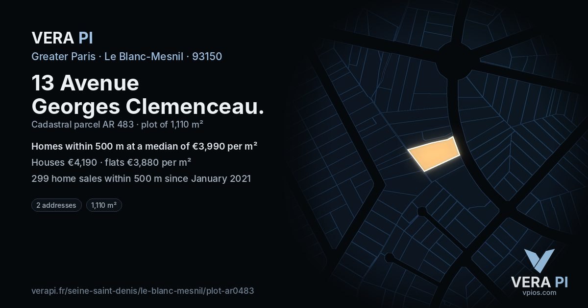 13 Avenue Georges Clemenceau, Le Blanc-Mesnil at night – the plot lit, the parcels around coloured by the prices near them
