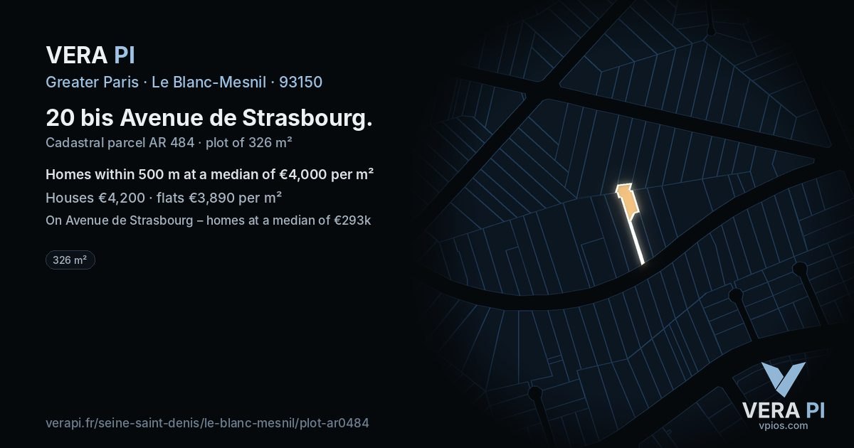 20 bis Avenue de Strasbourg, Le Blanc-Mesnil at night – the plot lit, the parcels around coloured by the prices near them