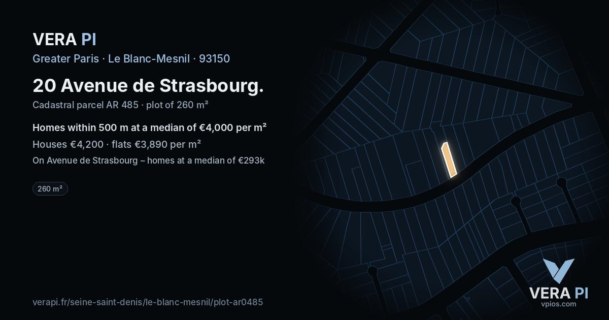 20 Avenue de Strasbourg, Le Blanc-Mesnil at night – the plot lit, the parcels around coloured by the prices near them