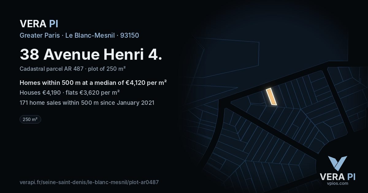 38 Avenue Henri 4, Le Blanc-Mesnil at night – the plot lit, the parcels around coloured by the prices near them