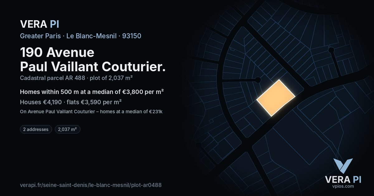190 Avenue Paul Vaillant Couturier, Le Blanc-Mesnil at night – the plot lit, the parcels around coloured by the prices near them