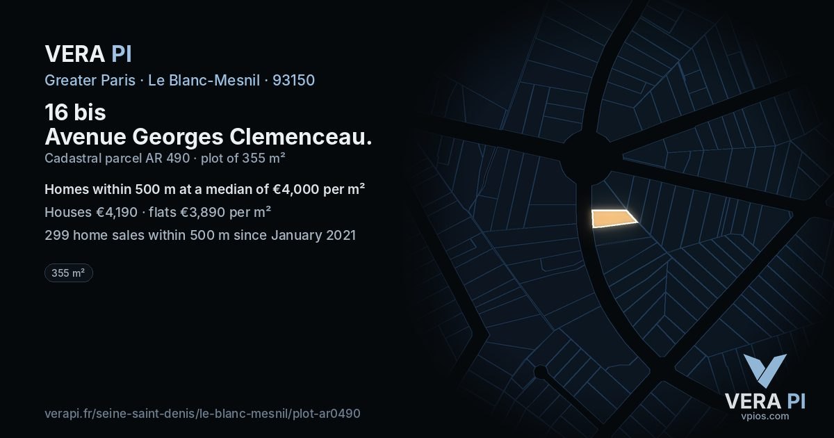 16 bis Avenue Georges Clemenceau, Le Blanc-Mesnil at night – the plot lit, the parcels around coloured by the prices near them