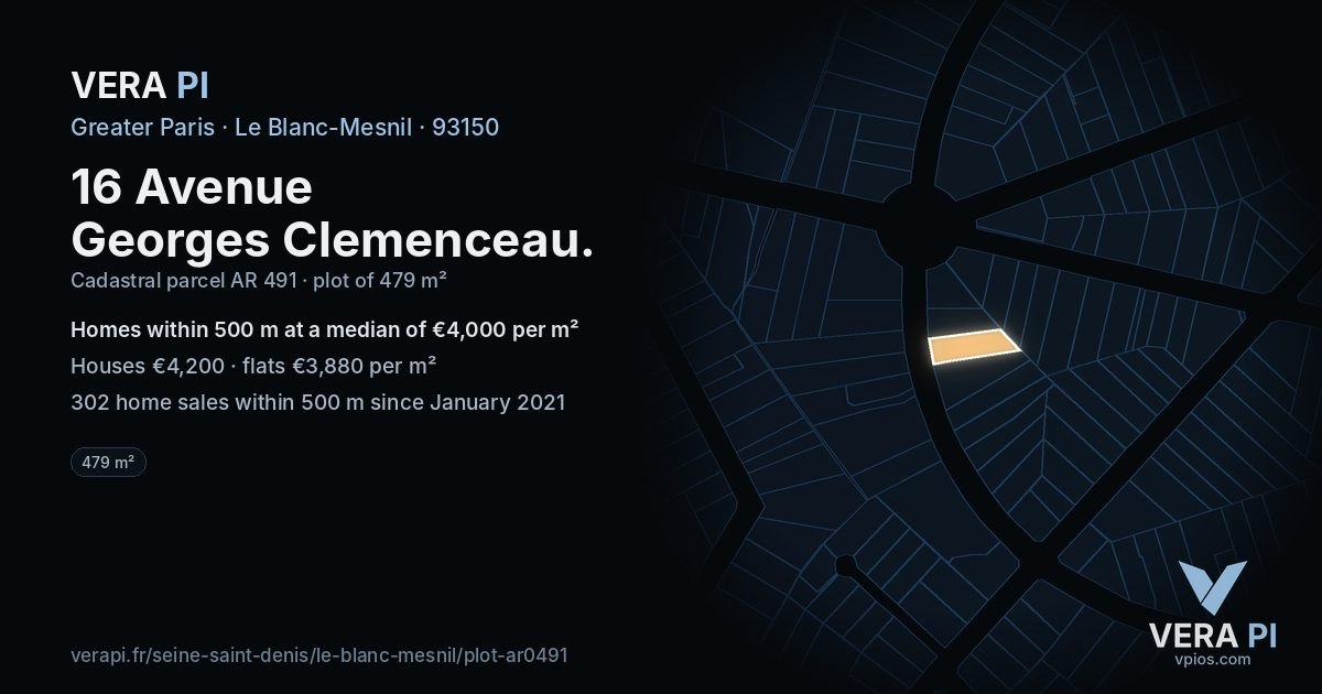 16 Avenue Georges Clemenceau, Le Blanc-Mesnil at night – the plot lit, the parcels around coloured by the prices near them