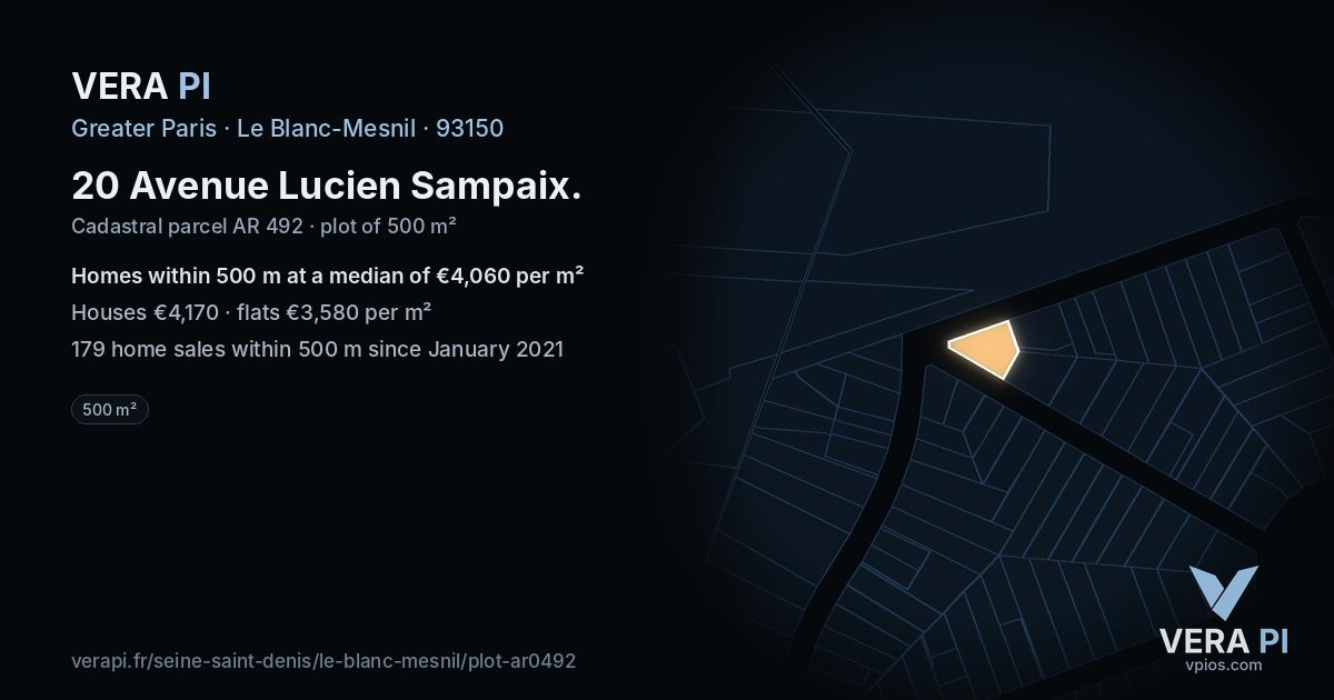 20 Avenue Lucien Sampaix, Le Blanc-Mesnil at night – the plot lit, the parcels around coloured by the prices near them