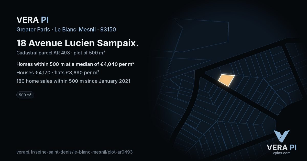 18 Avenue Lucien Sampaix, Le Blanc-Mesnil at night – the plot lit, the parcels around coloured by the prices near them