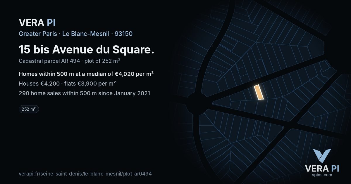 15 bis Avenue du Square, Le Blanc-Mesnil at night – the plot lit, the parcels around coloured by the prices near them