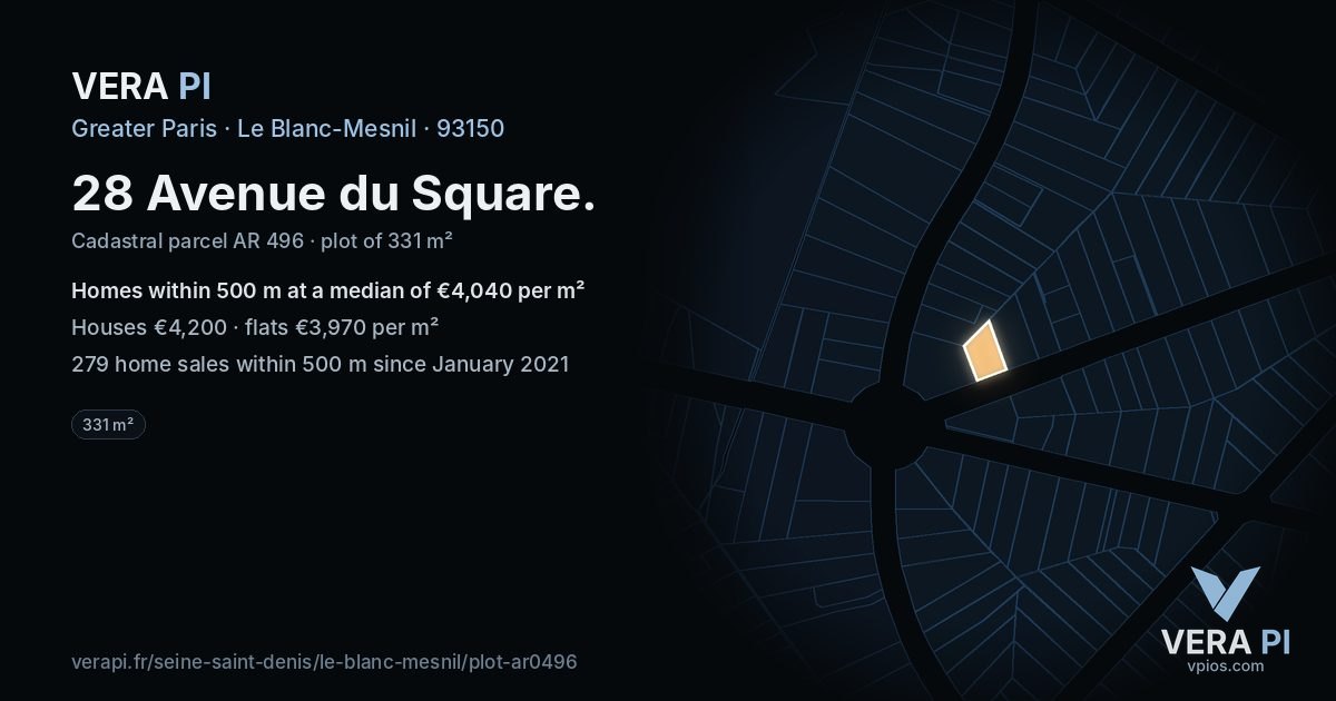 28 Avenue du Square, Le Blanc-Mesnil at night – the plot lit, the parcels around coloured by the prices near them