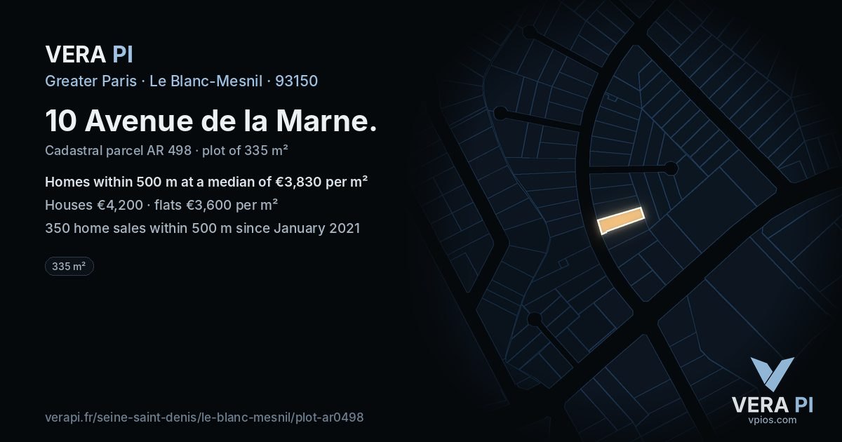 10 Avenue de la Marne, Le Blanc-Mesnil at night – the plot lit, the parcels around coloured by the prices near them