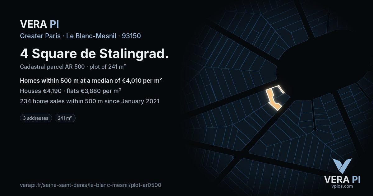 4 Square de Stalingrad, Le Blanc-Mesnil at night – the plot lit, the parcels around coloured by the prices near them