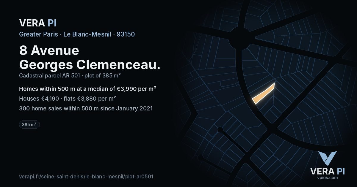 8 Avenue Georges Clemenceau, Le Blanc-Mesnil at night – the plot lit, the parcels around coloured by the prices near them