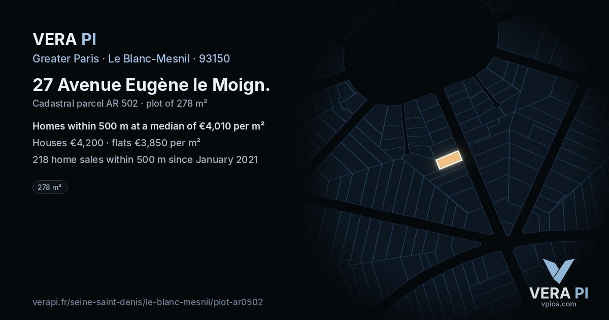 27 Avenue Eugène le Moign, Le Blanc-Mesnil at night – the plot lit, the parcels around coloured by the prices near them