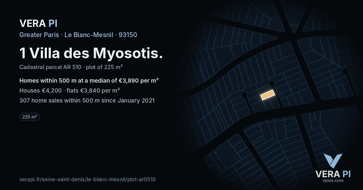 1 Villa des Myosotis, Le Blanc-Mesnil at night – the plot lit, the parcels around coloured by the prices near them
