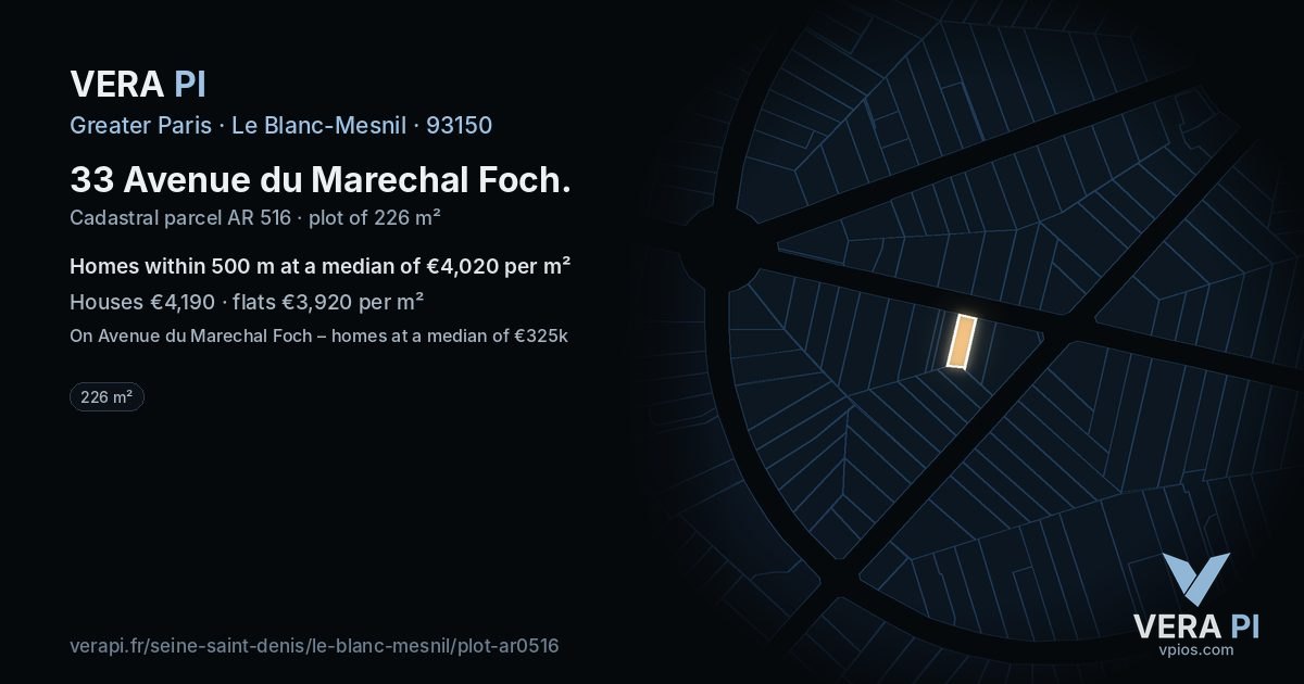 33 Avenue du Marechal Foch, Le Blanc-Mesnil at night – the plot lit, the parcels around coloured by the prices near them