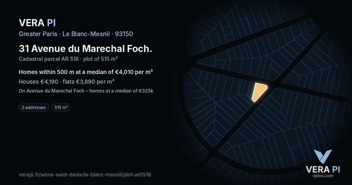 31 Avenue du Marechal Foch, Le Blanc-Mesnil at night – the plot lit, the parcels around coloured by the prices near them