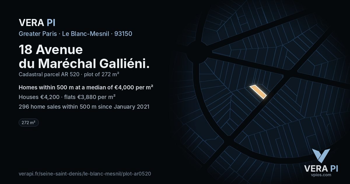 18 Avenue du Maréchal Galliéni, Le Blanc-Mesnil at night – the plot lit, the parcels around coloured by the prices near them