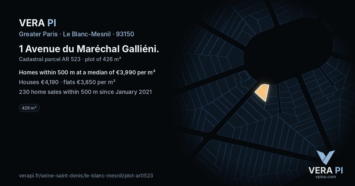 1 Avenue du Maréchal Galliéni, Le Blanc-Mesnil at night – the plot lit, the parcels around coloured by the prices near them