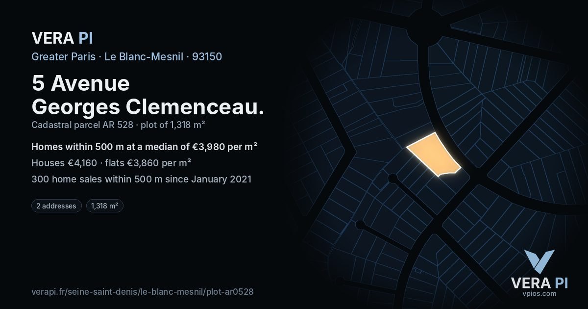 5 Avenue Georges Clemenceau, Le Blanc-Mesnil at night – the plot lit, the parcels around coloured by the prices near them