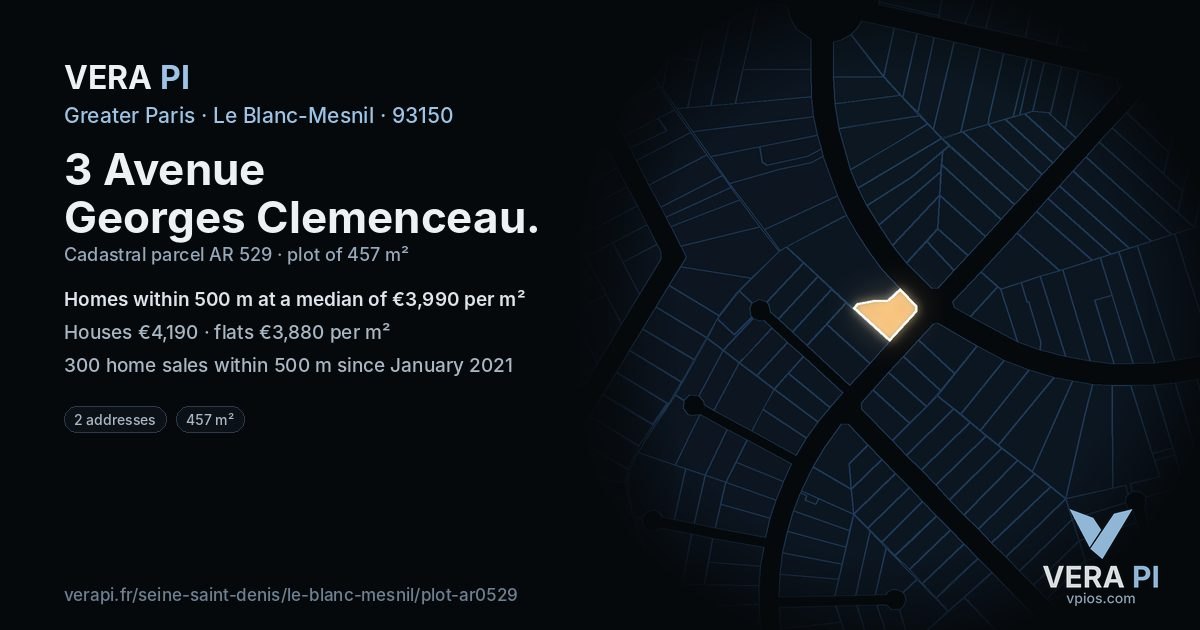 3 Avenue Georges Clemenceau, Le Blanc-Mesnil at night – the plot lit, the parcels around coloured by the prices near them