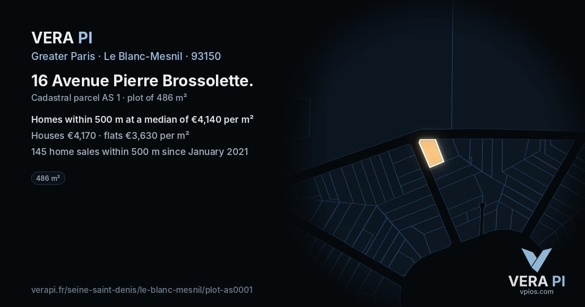 16 Avenue Pierre Brossolette, Le Blanc-Mesnil at night – the plot lit, the parcels around coloured by the prices near them