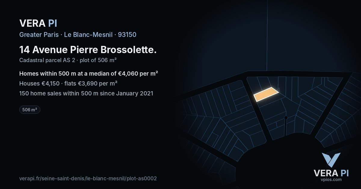 14 Avenue Pierre Brossolette, Le Blanc-Mesnil at night – the plot lit, the parcels around coloured by the prices near them
