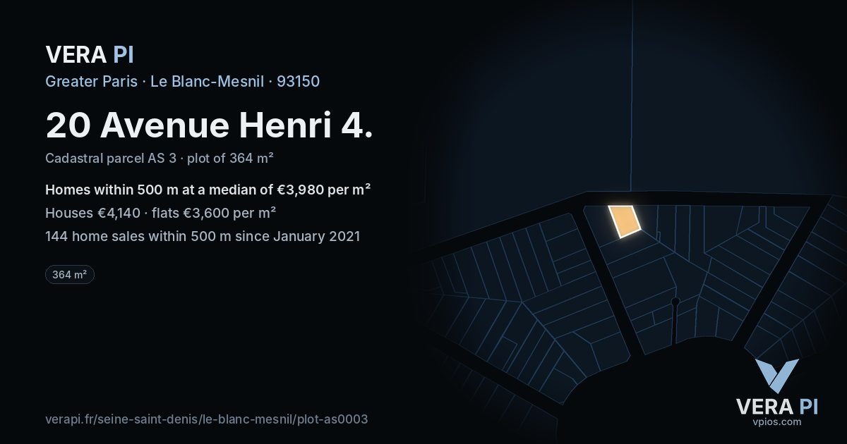20 Avenue Henri 4, Le Blanc-Mesnil at night – the plot lit, the parcels around coloured by the prices near them