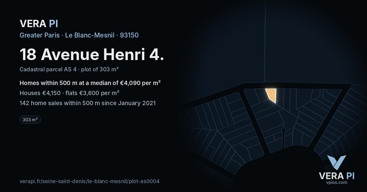 18 Avenue Henri 4, Le Blanc-Mesnil at night – the plot lit, the parcels around coloured by the prices near them