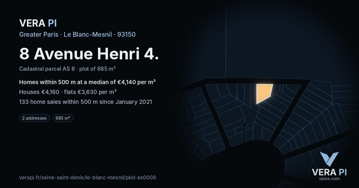 8 Avenue Henri 4, Le Blanc-Mesnil at night – the plot lit, the parcels around coloured by the prices near them