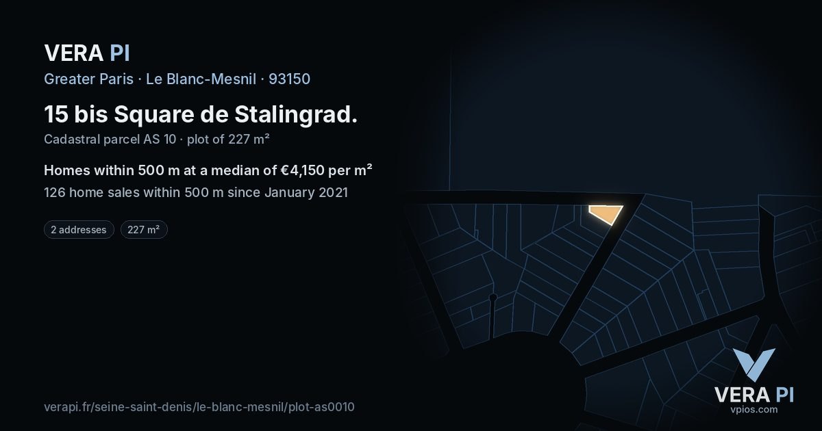 15 bis Square de Stalingrad, Le Blanc-Mesnil at night – the plot lit, the parcels around coloured by the prices near them