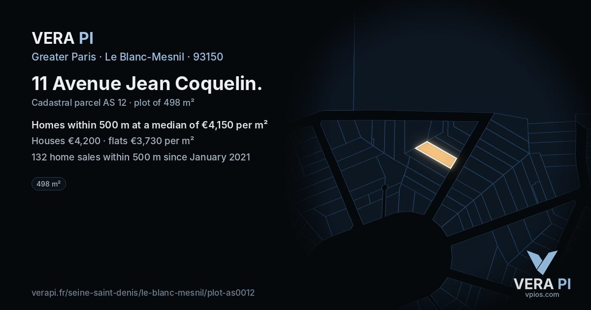 11 Avenue Jean Coquelin, Le Blanc-Mesnil at night – the plot lit, the parcels around coloured by the prices near them