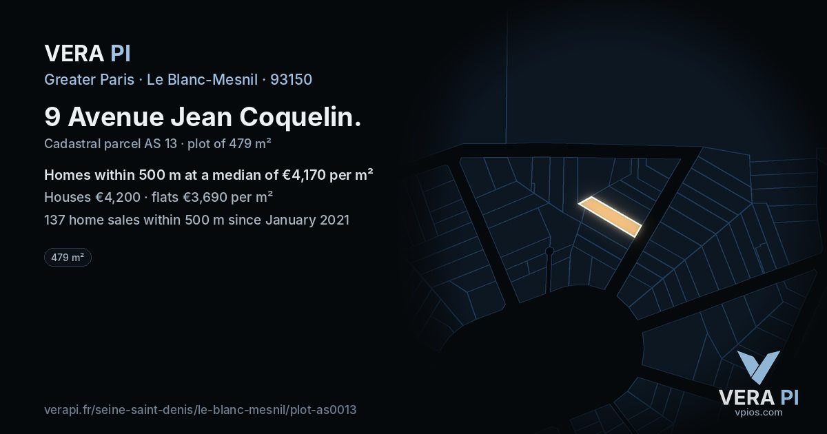 9 Avenue Jean Coquelin, Le Blanc-Mesnil at night – the plot lit, the parcels around coloured by the prices near them