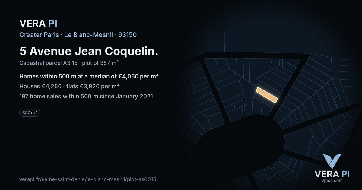 5 Avenue Jean Coquelin, Le Blanc-Mesnil at night – the plot lit, the parcels around coloured by the prices near them