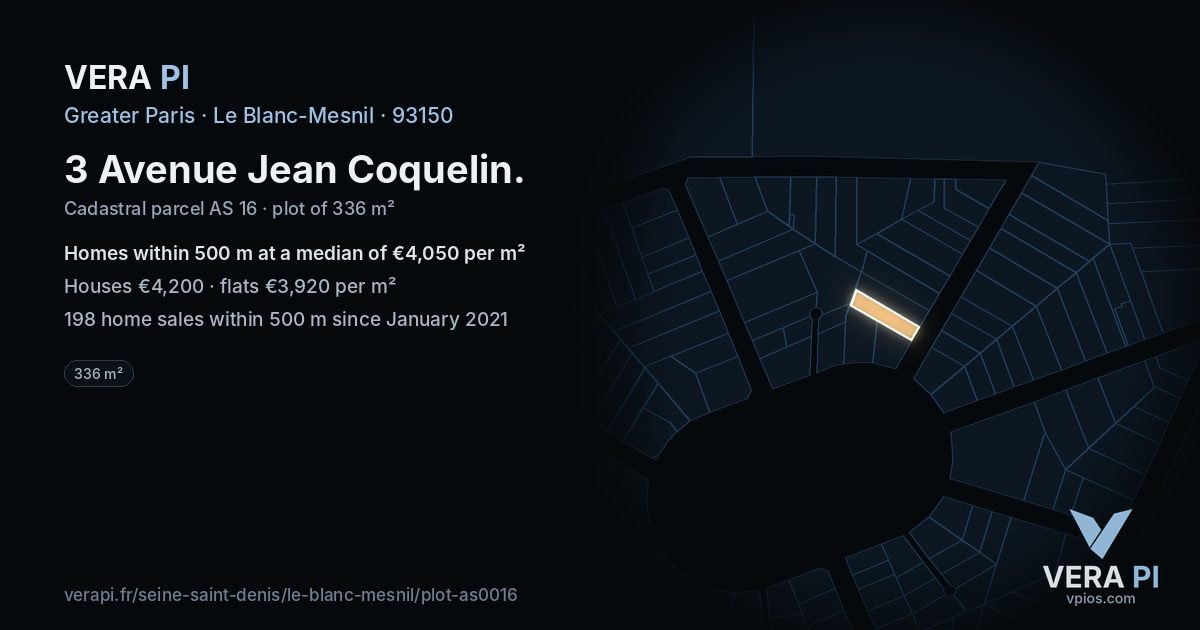 3 Avenue Jean Coquelin, Le Blanc-Mesnil at night – the plot lit, the parcels around coloured by the prices near them