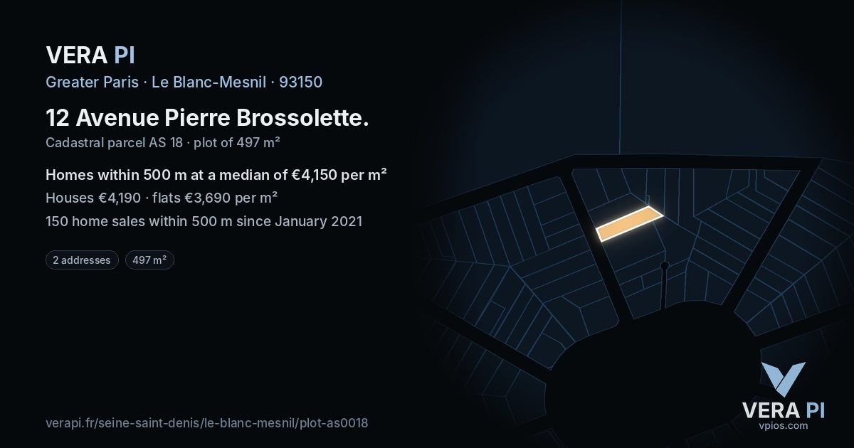 12 Avenue Pierre Brossolette, Le Blanc-Mesnil at night – the plot lit, the parcels around coloured by the prices near them