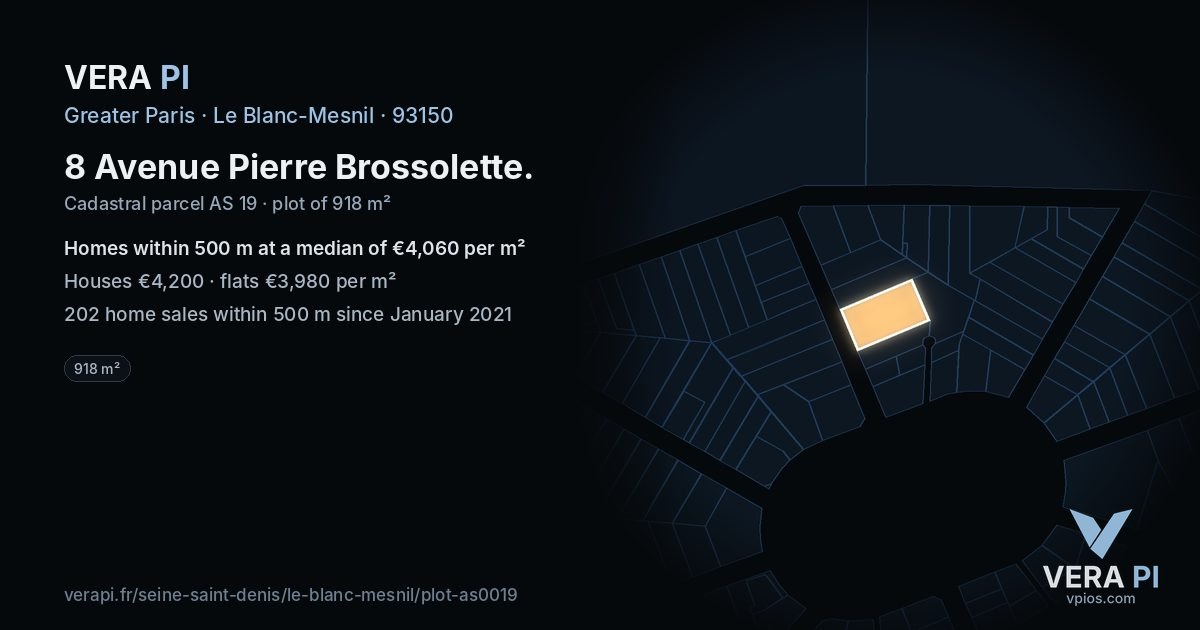 8 Avenue Pierre Brossolette, Le Blanc-Mesnil at night – the plot lit, the parcels around coloured by the prices near them