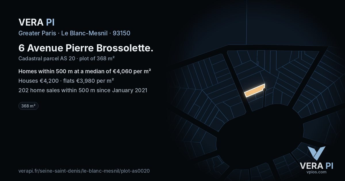 6 Avenue Pierre Brossolette, Le Blanc-Mesnil at night – the plot lit, the parcels around coloured by the prices near them
